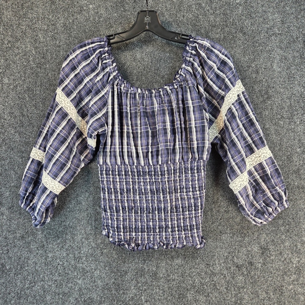 Kimchi Blue Blue Plaid Off-Shoulder Smocked Blouse with Velvet Bow - Picture 8 of 13
